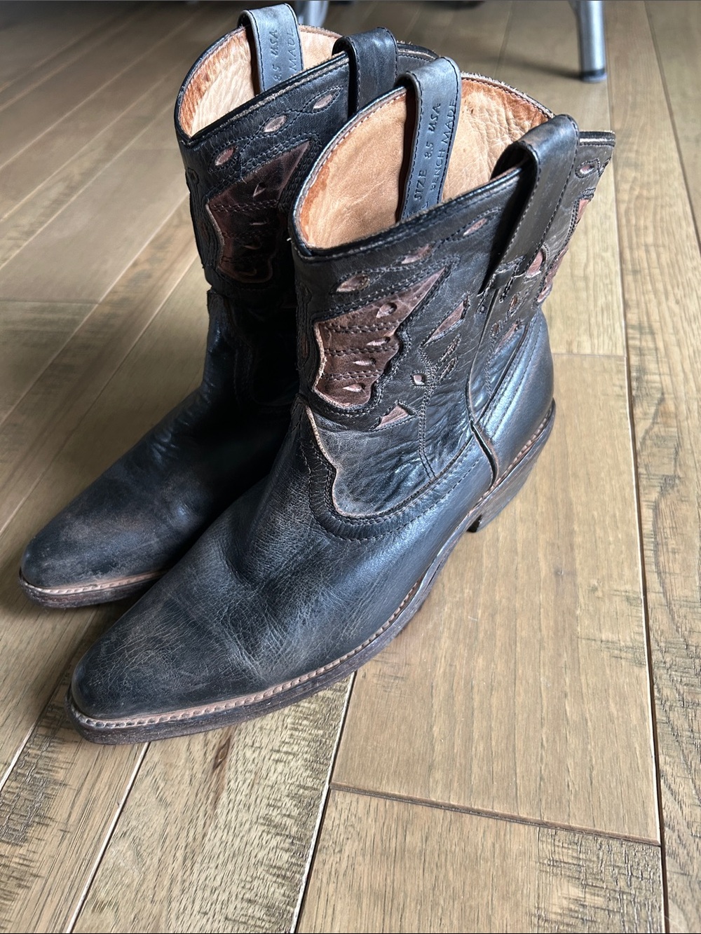 Bed Stu Black Leather Western Boots with Brown Inset Details